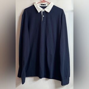 Shein Mens Size XXL dark blue White collar Polo Cotton Blend Shirt Long Sleeve.